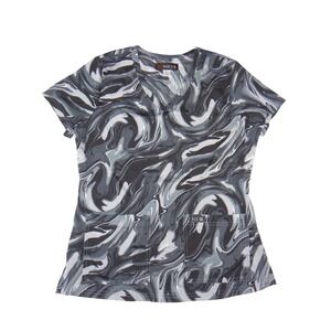 Koi Basics Womens Grey Black Marble Swirl V-Neck Medical Scrub Top Small